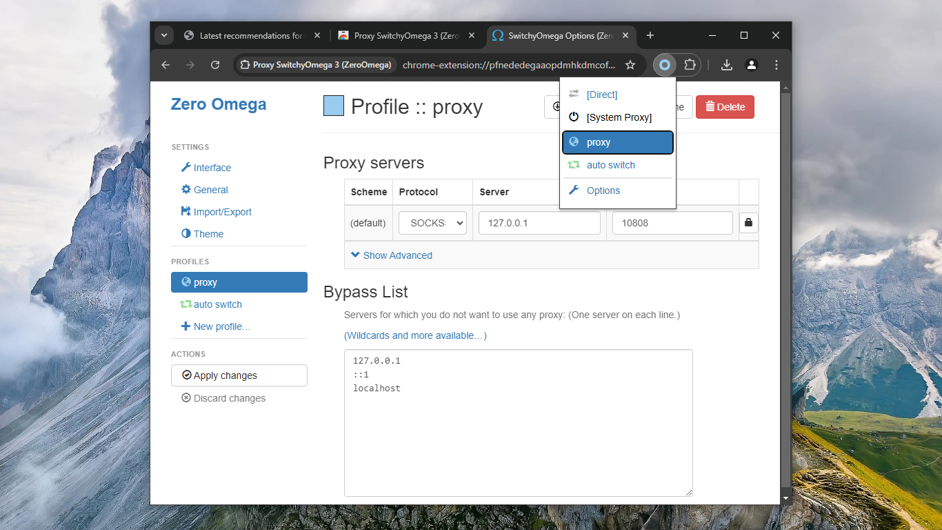 Configure Proxy SwitchyOmega to use the SOCKS5 proxy