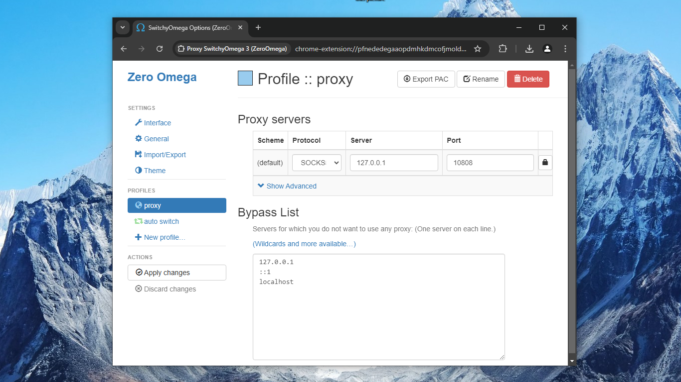 Configure Proxy SwitchyOmega to use the SOCKS5 proxy